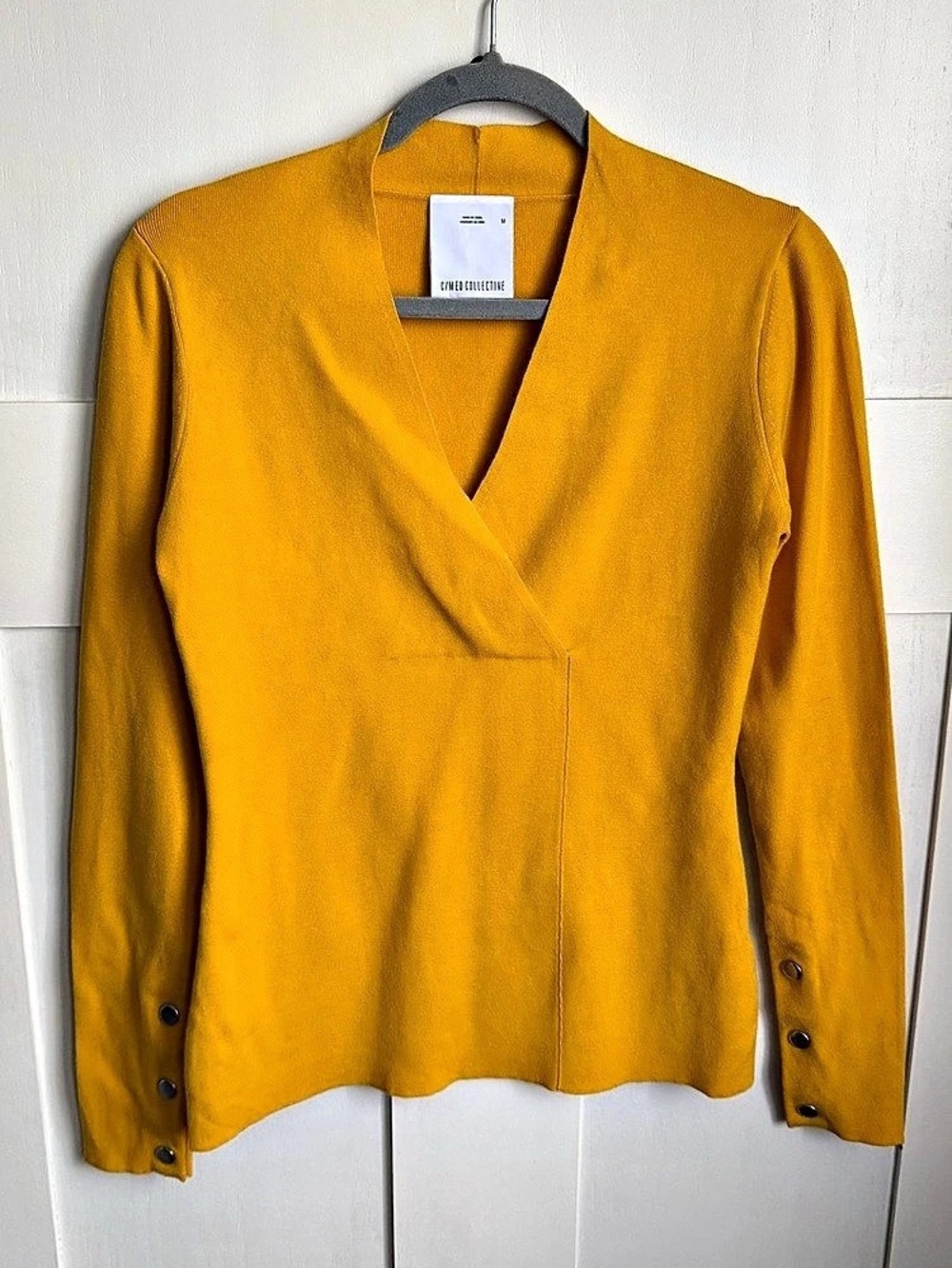 C/MEO Collective Mustard Yellow Knit Top Surplice Wrap Front V-Neck Button Cuffs